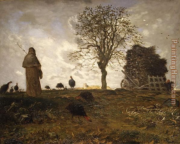 Autumn landscape with a flock of Turkeys painting - Jean Francois Millet Autumn landscape with a flock of Turkeys art painting